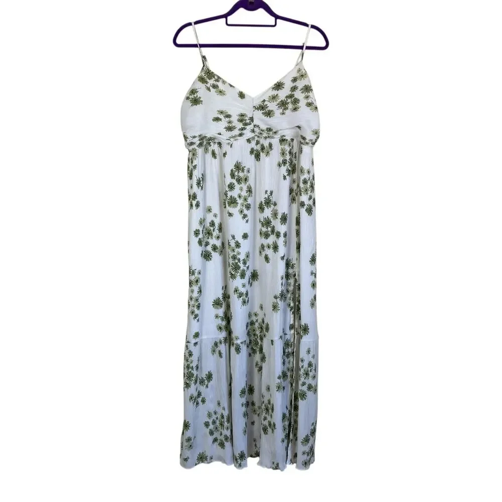Abercrombie & Fitch Sz XL Babydoll Maxi Dress White Green Floral Crinkle